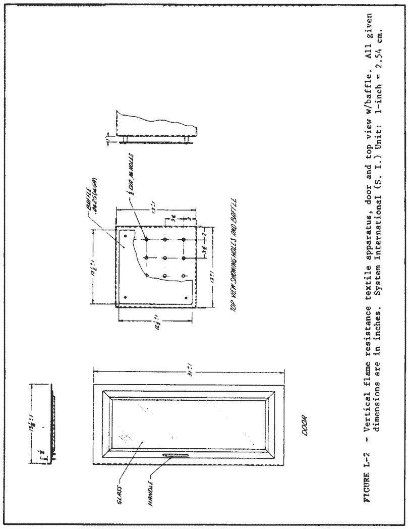 FIGURE L-2 - Vertical flame resistance textile apparatus, door and top view w/baffle. All given dimensions are in inches. Systems International (S. I.) Unit: 1-inch = 2.54 cm.