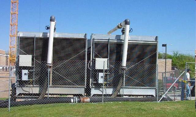 Photo Credit: OSHA  Cooling towers, evaporative condensers and fluid coolers can create ideal conditions for microbial growth, including Legionella. These pieces of equipment generate water sprays and aerosols that, if not properly controlled, can disperse Legionella and other microbes over a wide area.