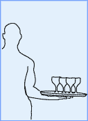 Tray carried on open palm and arm, elbows bent and closer to body